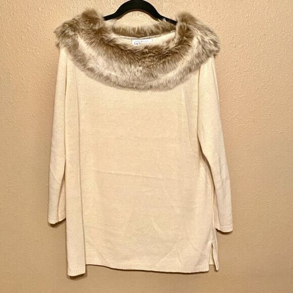 Vintage Kathy Levine by Request Cream Sweater Faux Fur collar Women's size (L) - Picture 1 of 9